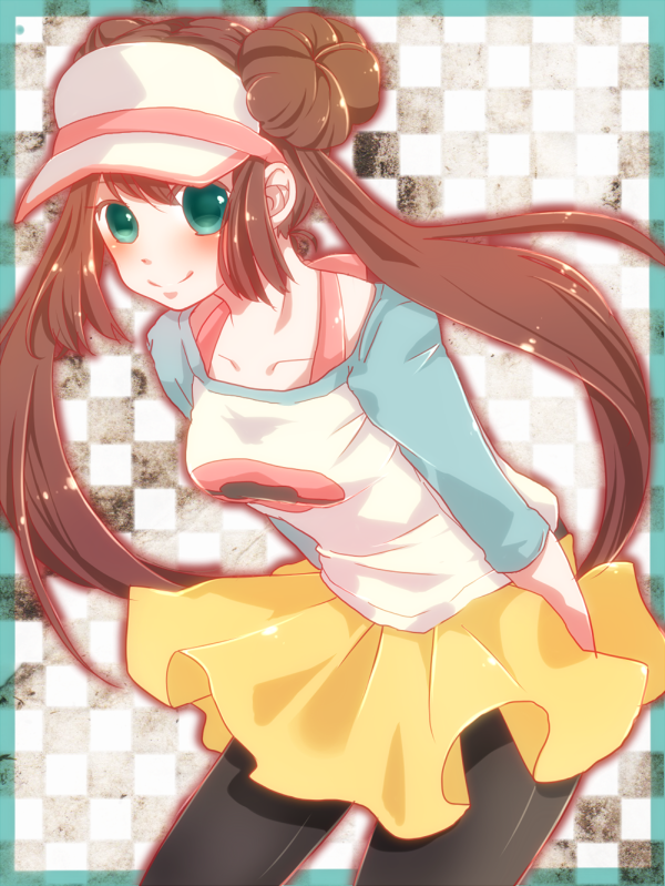 blue_eyes blush brown_hair cowboy_shot double_bun green_eyes hat long_hair mei_(pokemon) nintendo pantyhose pokemon pokemon_(game) pokemon_bw2 raglan_sleeves rigu_(what_will_be_will_be!) skirt smile solo twintails visor_cap