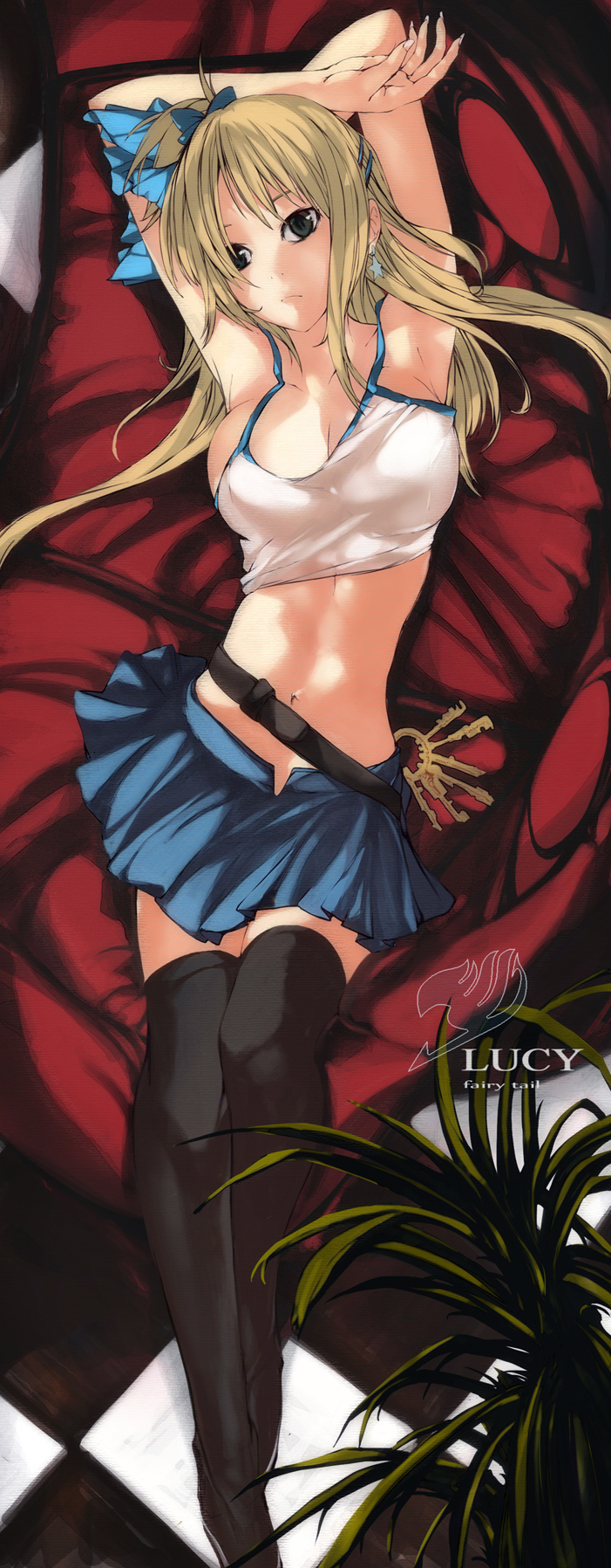 blonde_hair bow breasts cleavage dakimakura fairy_tail hair_bow highres large_breasts long_image lucy_heartfilia lying midriff navel nyami solo tall_image thigh-highs thighhighs zettai_ryouiki