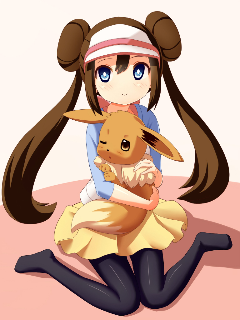 1girl bad_id blue_eyes brown_hair double_bun eevee long_hair mei_(pokemon) no_shoes pantyhose pokemon pokemon_(creature) pokemon_(game) pokemon_bw pokemon_bw2 raglan_sleeves shirt sitting skirt smile solo soraki twintails visor_cap wariza