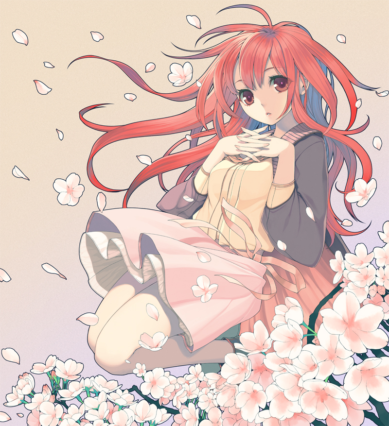 ahoge album_cover character_request cherry_blossoms copyright_request cover dress flower hands_clasped kimura_daisuke long_hair petals red_eyes red_hair redhead skirt solo