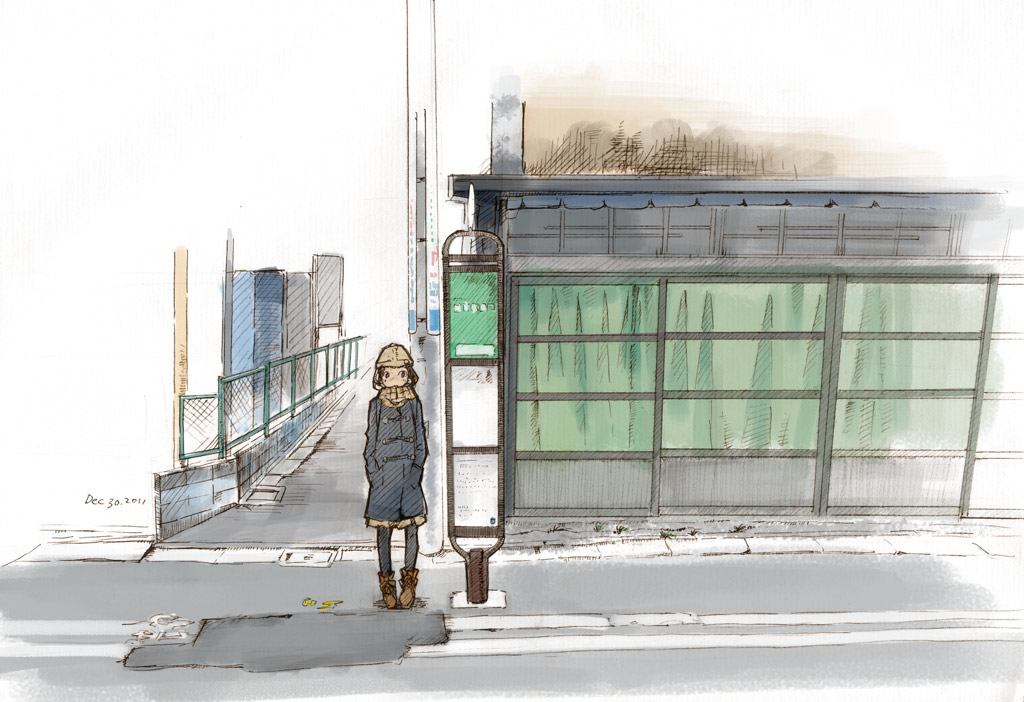 bus_stop coat commentary dated hands_in_pockets hat kusakabe_(kusakabeworks) original pantyhose real_world_location scarf solo standing street telephone_pole toggles tokyo_(city)