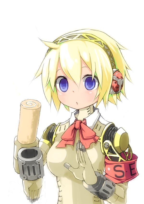 :o aegis android armband blonde_hair blue_eyes blush bow chatsubo chatsubo_(yaba-yaba) nichijou parody persona persona_3 robot_joints roll_cake short_hair solo swiss_roll white_background