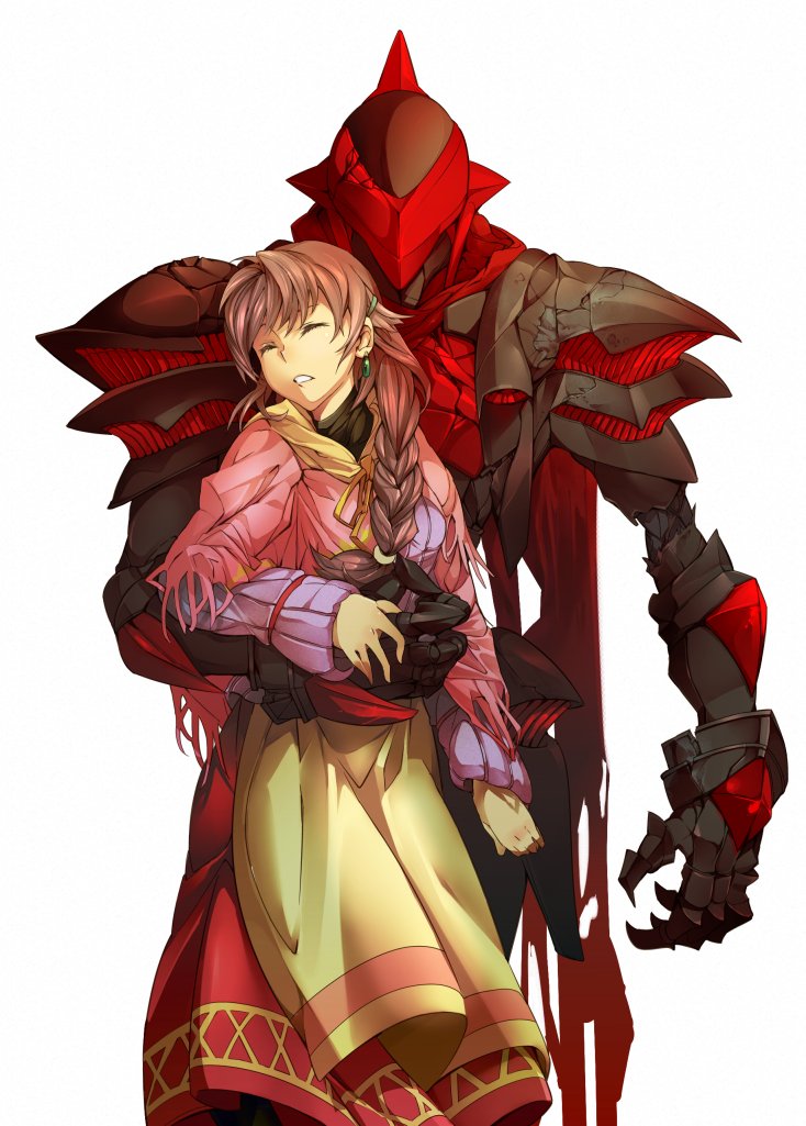 1girl armor ashley_winchester braid brown_hair claws closed_eyes dress eyes_closed gloves hair_over_shoulder knight_blazer long_hair marina_irington mask scarf shawl size_difference tarariko white_background wild_arms wild_arms_2