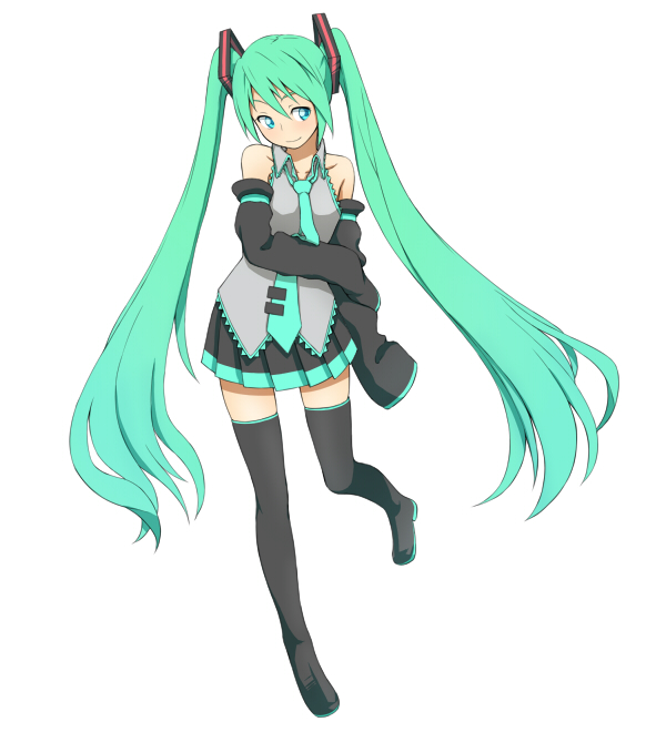 bare_shoulders boots detached_sleeves green_eyes green_hair hatsune_miku jaco long_hair necktie simple_background skirt sleeves_past_wrists solo thigh-highs thigh_boots thighhighs twintails very_long_hair vocaloid white_background