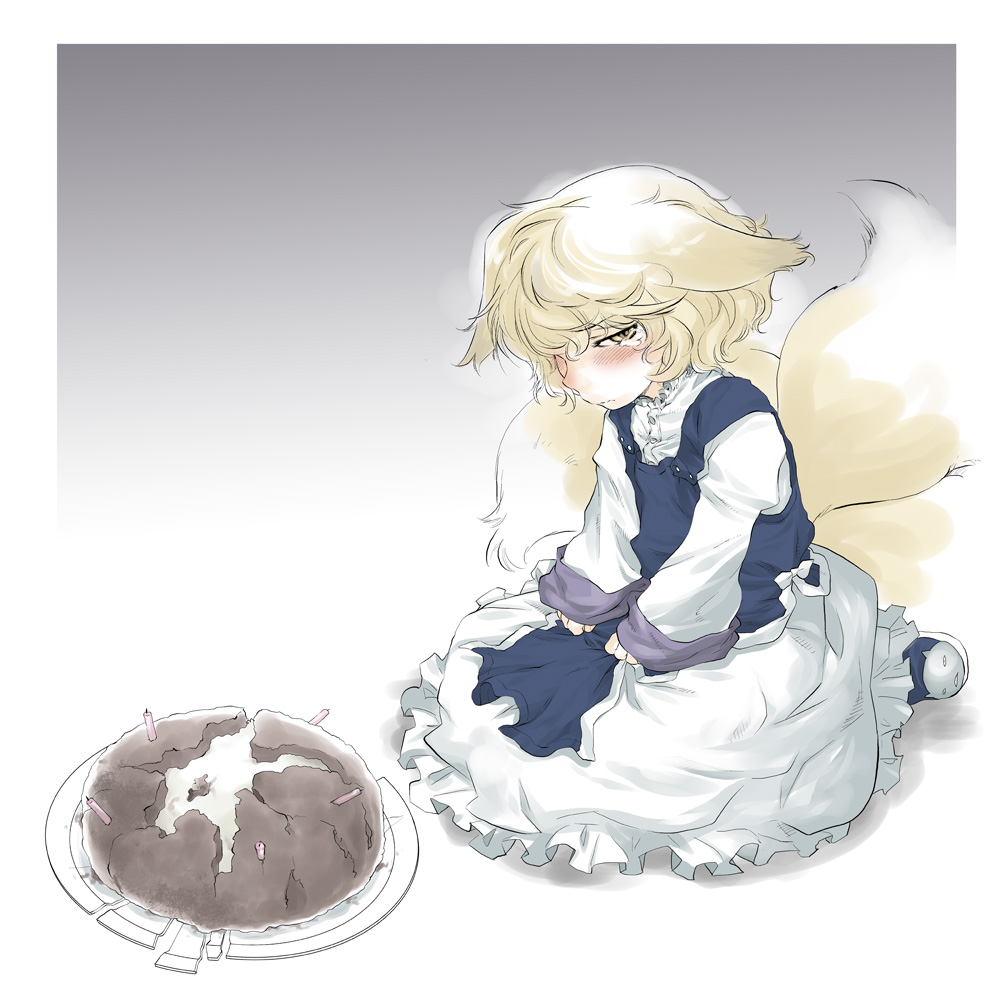 accident animal_ears blonde_hair blush broken cake dress failure food fox_ears fox_tail frilled_dress frills gradient gradient_background grey_background head_down long_sleeves looking_at_viewer multiple_tails no_hat no_headwear ohagi_(food) plate sad seiza shoes sitting sleeves_past_wrists solo tail tears tomotsuka_haruomi touhou white_dress yakumo_ran yellow_eyes