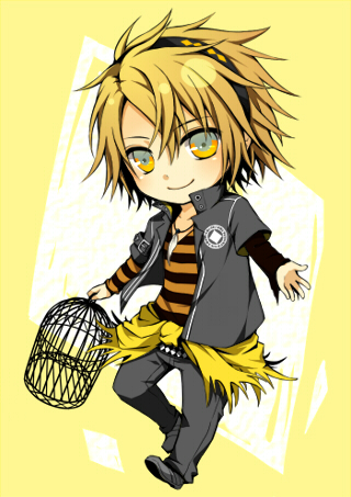 amnesia_(idea_factory) birdcage blonde_hair cage cocori hairband jacket jewelry lowres male necklace pants shirt_around_waist shoes smile solo toma_(amnesia) yellow_background yellow_eyes