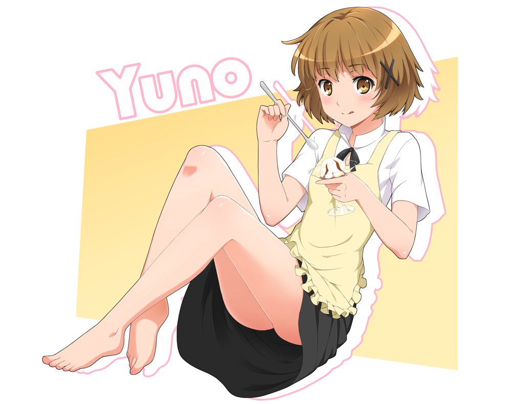 :q apron asumi_kana bare_legs barefoot brown_eyes brown_hair character_name feet food hair_ornament hairclip hidamari_sketch holding ice_cream outline seiyuu_connection short_hair simple_background smile spoon toe-point tongue tongue_out white_background wittyz working!! yellow_background yuno
