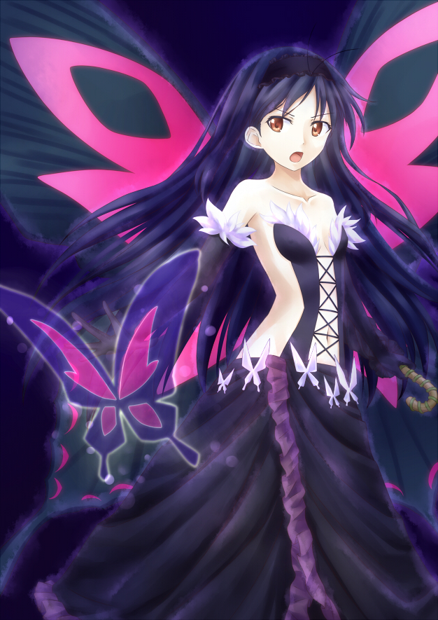 antenna_hair aoi_usagi bare_shoulders butterfly butterfly_wings elbow_gloves gloves hairband kuroyukihime long_hair open_mouth wings