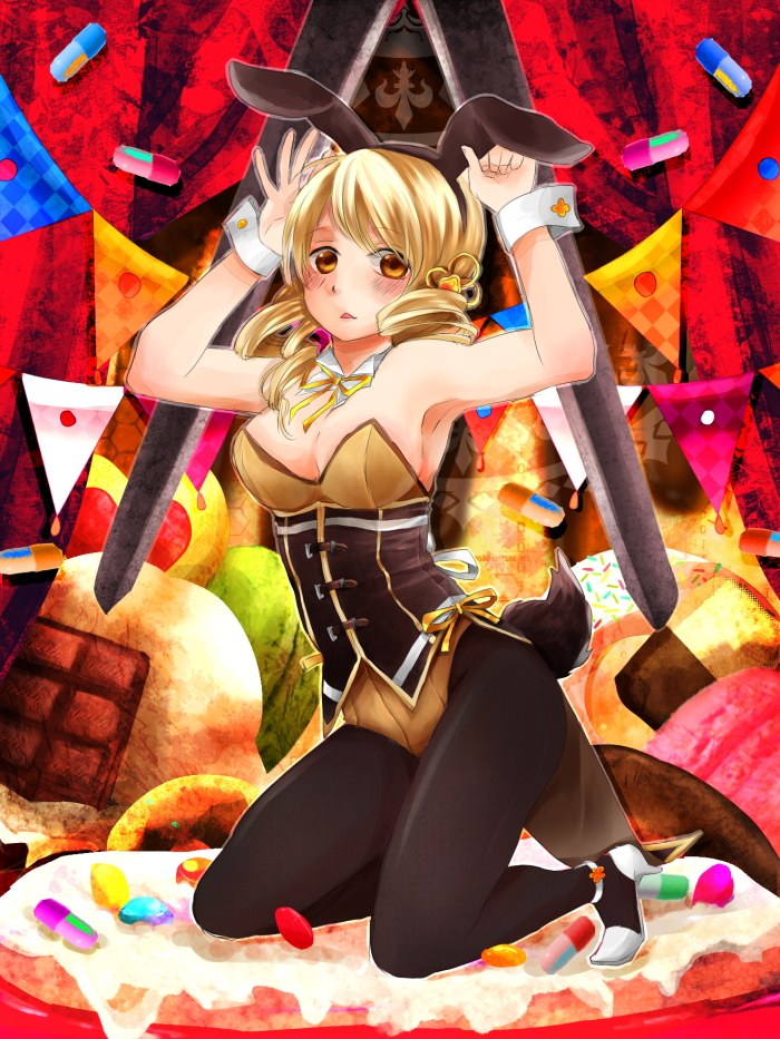 adapted_costume alternate_costume armpits bare_shoulders blonde_hair boots breasts bunny_girl bunnysuit cleavage corset drill_hair frown hair_ornament hairband kiri_tanishi kneeling mahou_shoujo_madoka_magica open_mouth pantyhose solo tomoe_mami yellow_eyes