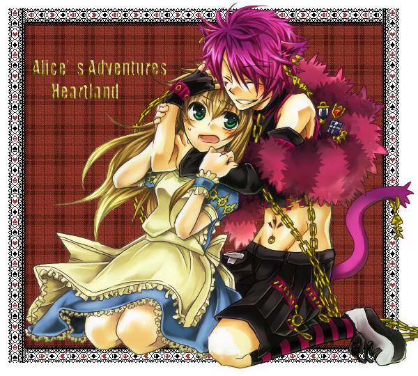 1girl alice_liddell animal_ears apron bandage bandages blush boris_airay brown_hair cat_ears catboy chain chains closed_eyes collar dress earrings eyes_closed feather_boa fingerless_gloves fishbone gloves green_eyes hair_ornament hair_over_one_eye heart_no_kuni_no_alice hug jewelry long_hair piercing pink_hair shorts smile socks striped striped_socks tail tattoo ziper