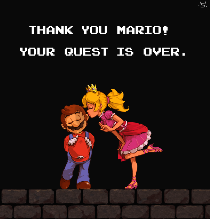 1girl good_end hetero high_heels joakim_sandberg kiss leaning_forward mario nintendo princess_peach shy simple_background standing_on_one_leg super_mario_bros.