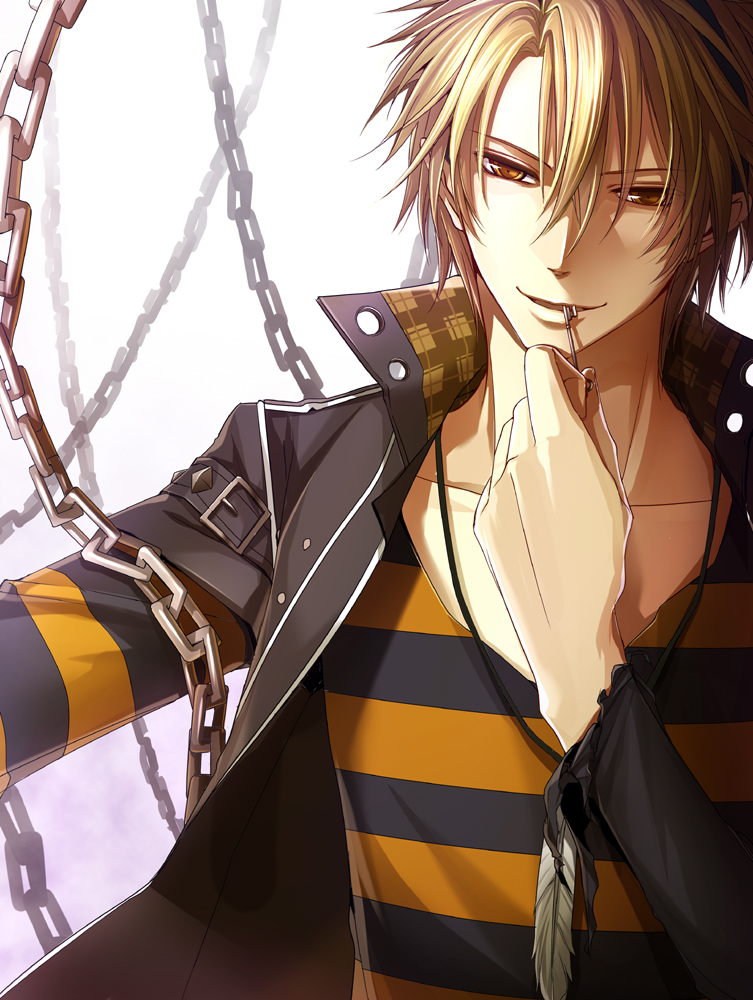 amnesia_(idea_factory) blonde_hair chain chains feathers jacket jewelry key male necklace ouka_mai smile solo toma_(amnesia) white_background yellow_eyes