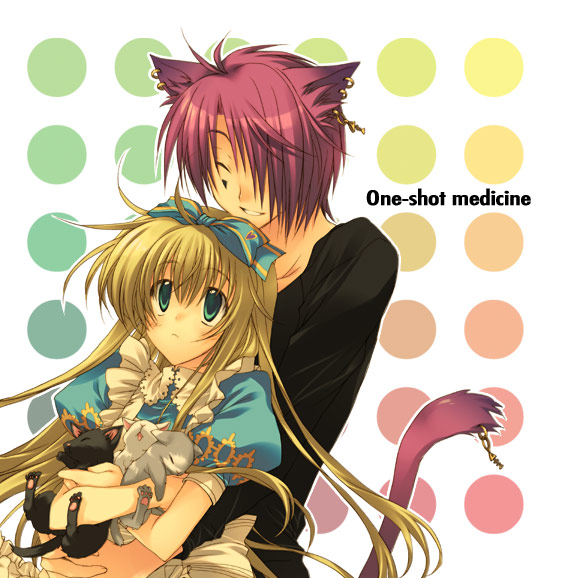 1girl alice_liddell animal animal_ears apron blonde_hair blush boris_airay cat cat_ears catboy closed_eyes dress earrings green_eyes hair_ornament hair_over_one_eye heart_no_kuni_no_alice hug jewelry long_sleeves ribbon simple_backgorund simple_background smile tail