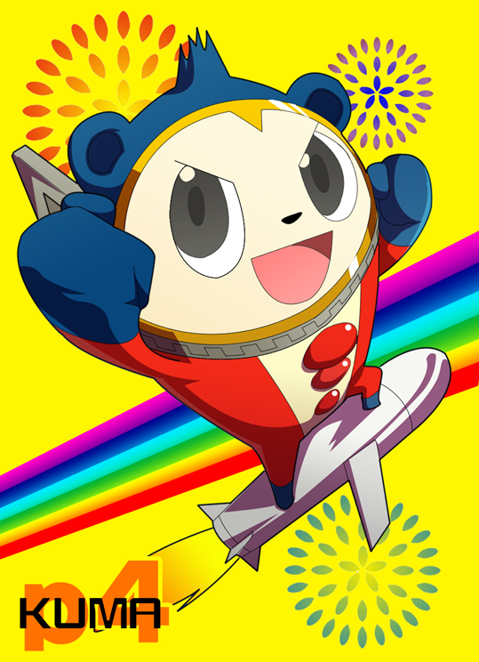 &gt;:) &gt;:d :d bad_id bear black_eyes blue_hair chibi clenched_hands fireworks kuma_(persona_4) looking_at_viewer male no_humans open_mouth persona persona_4 persona_4:_the_ultimate_in_mayonaka_arena rainbow rocket simple_background smile solo title_drop yamizawa yellow_background zipper