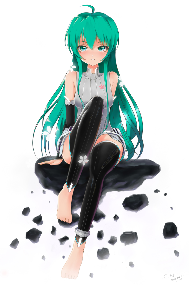 ahoge alternate_hairstyle anklet aqua_eyes aqua_hair bare_shoulders barefoot bridal_gauntlets elbow_gloves gloves hair_down hatsune_miku hatsune_miku_(append) highres jewelry long_hair looking_at_viewer miku_append open_mouth sgtxiaoxin solo thigh-highs thighhighs toeless_socks vocaloid vocaloid_append