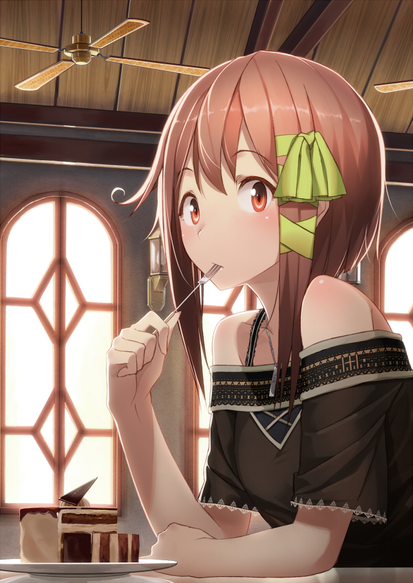 ac_(eshi) bare_shoulders brown_eyes brown_hair cake ceiling_fan food fork hair_ribbon hands indoors jewelry looking_at_viewer original payot pendant ribbon saucer short_hair solo strap window