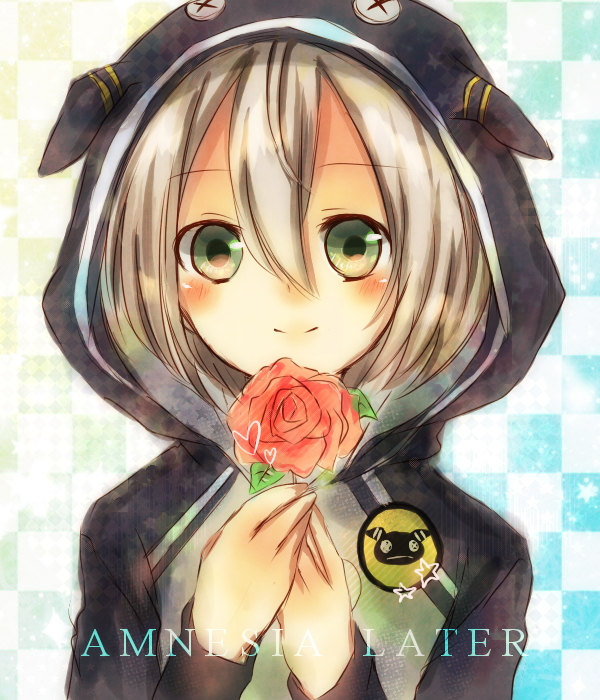amnesia_(idea_factory) flower green_eyes grey_hair hood male nonko orion_(amnesia) pink_rose rose smile solo title_drop