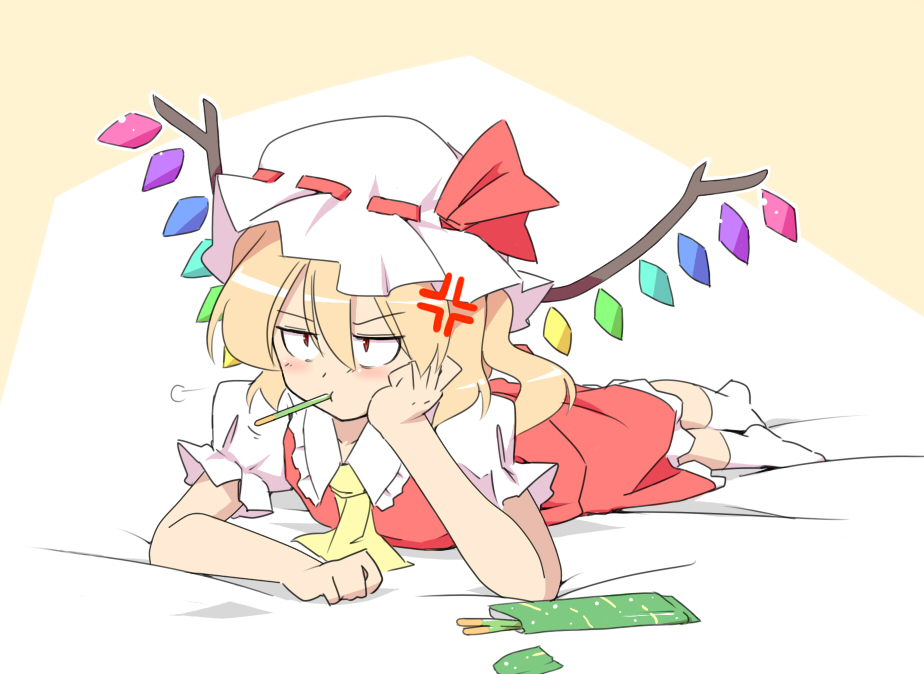 anger_vein annoyed ascot blonde_hair blush constricted_pupils crossed_legs_(lying) flandre_scarlet food_in_mouth hasepix head_rest lying mutsu_(hasepix) no_shoes on_stomach pocky pout red_eyes short_hair side_ponytail skirt skirt_set socks solo touhou white_legwear wings