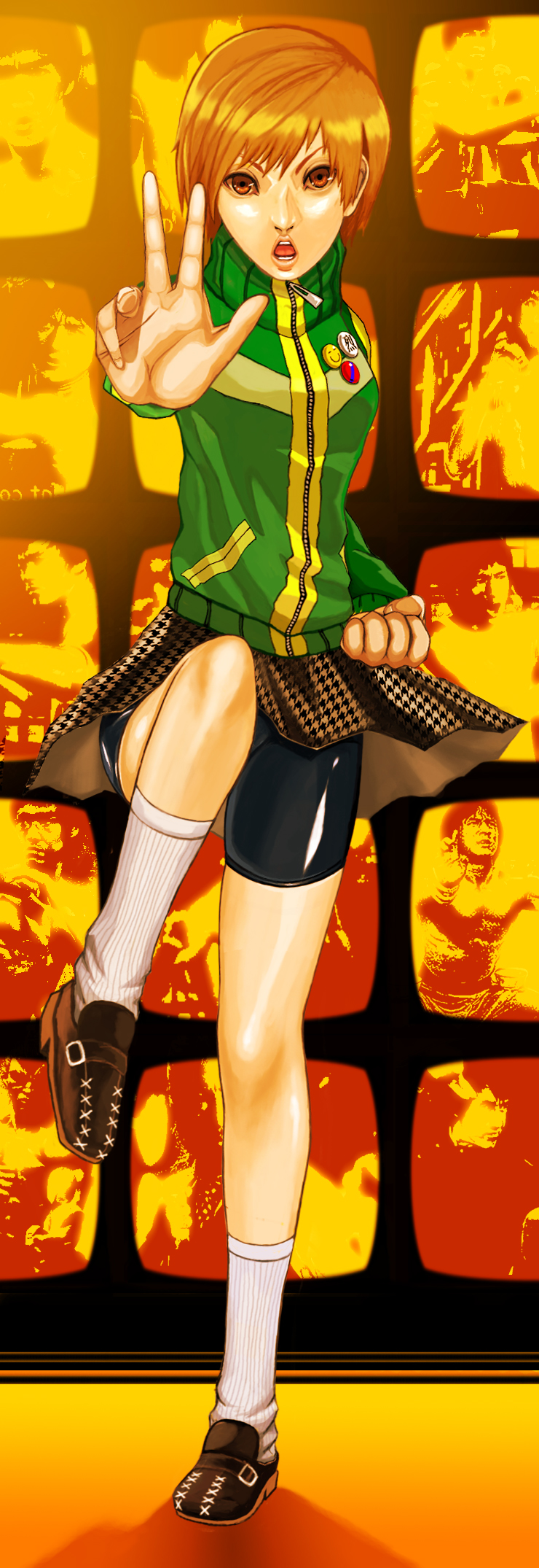 1girl bike_shorts brown_eyes brown_hair bruce_lee buttons clenched_hand fighting_stance foreshortening highres houndstooth legs lips looking_at_viewer manderson open_hand open_mouth persona persona_4 satonaka_chie shoes short_hair skirt smiley_face socks solo televisions tomboy track_jacket