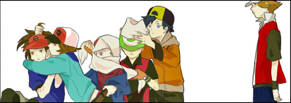 6boys bandana bandanna baseball_cap black_hair brown_hair gold_(pokemon) gold_(pokemon)_(remake) hat holding kouki_(pokemon) kyouhei_(pokemon) male_protagonist_(pokemon_bw2) multiple_boys pokemon pokemon_(game) pokemon_bw pokemon_bw2 pokemon_dppt pokemon_frlg pokemon_gsc pokemon_hgss pokemon_rgby pokemon_rse red_(pokemon) red_(pokemon)_(remake) scarf touya_(pokemon) winter_clothes yuuki_(pokemon) yuuki_(pokemon_emerald)