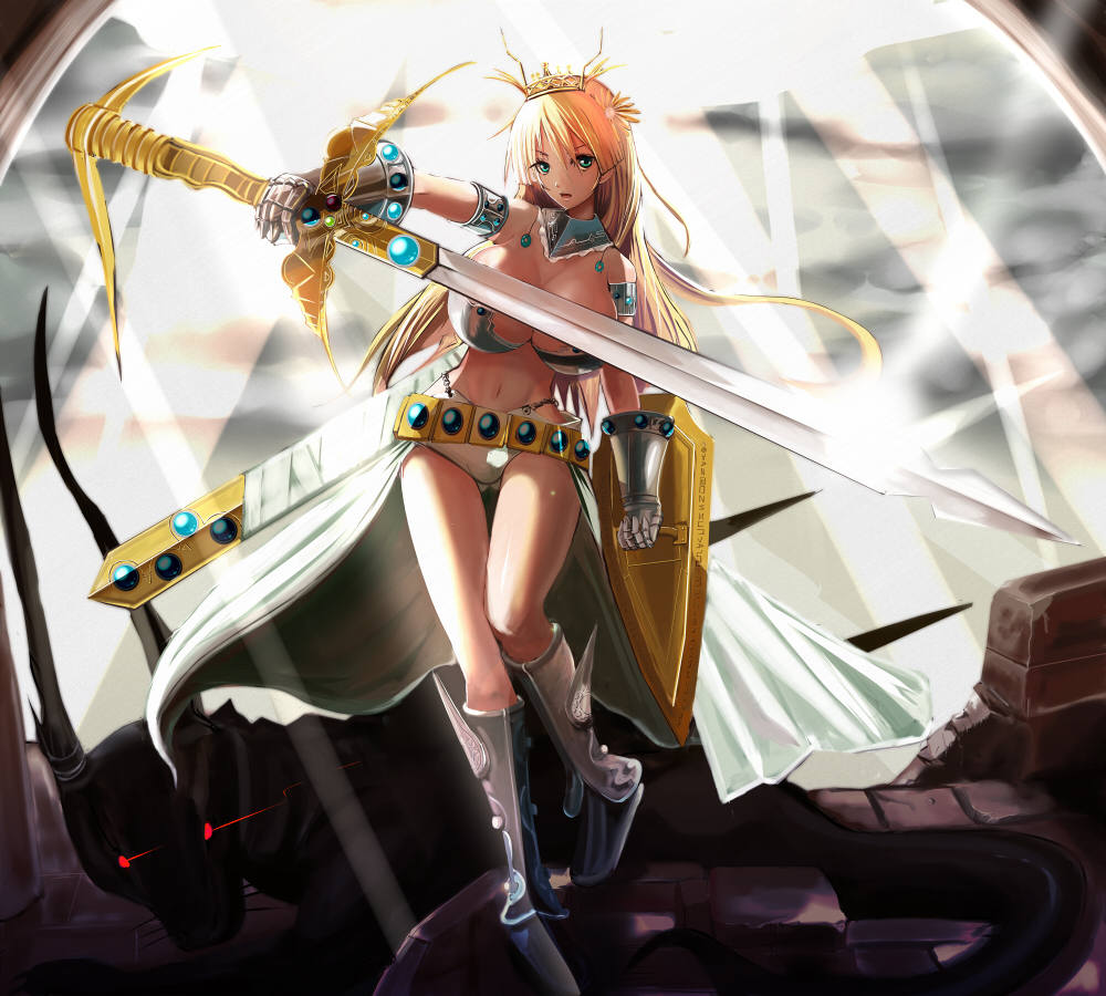 armor bare_shoulders blonde_hair boots breasts cape cleavage code_of_princess huge_breasts iwanishi long_hair shield solange solo sword tiara weapon