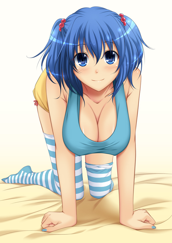 all_fours bed blue_eyes blue_hair breasts chiro cleavage contemporary hair_bobbles hair_ornament hanging_breasts kawashiro_nitori large_breasts looking_at_viewer nail_polish no_hat no_headwear no_shoes on_bed revision short_hair shorts smile socks solo striped striped_legwear thigh-highs thighhighs touhou twintails white_legwear