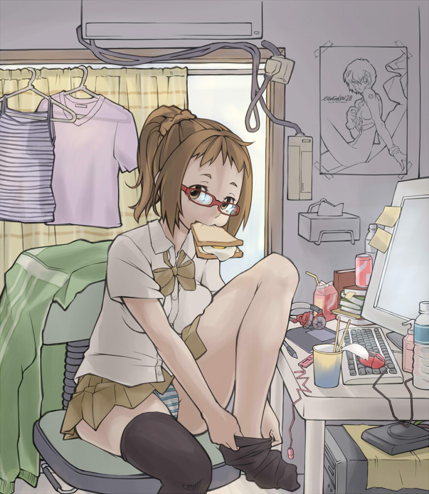 air_conditioner ayanami_rei bottle brown_eyes brown_hair chopsticks computer_keyboard computer_mouse drink egg evangelion:_2.0_you_can_(not)_advance food glasses ikebebou leg_up monitor mouth_hold neon_genesis_evangelion office_chair original panties ponytail poster_(object) rebuild_of_evangelion red-framed_glasses sandwich sitting solo striped striped_panties stylus tablet thigh-highs thighhighs thighhighs_pull underwear water_bottle