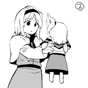 alice_margatroid capelet carrying child flapping fuantei hair_bobbles hair_flapping hair_ornament hairband lowres monochrome multiple_girls shinki side_ponytail skirt_grab touhou young