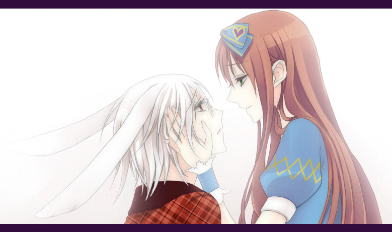 1girl alice_liddell animal_ears brown_hair bunny_ears dress green_eyes grey_hair hair_ornament heart_no_kuni_no_alice long_hair peter_white rabbit_ears red_eyes ribbon short_hair simple_background