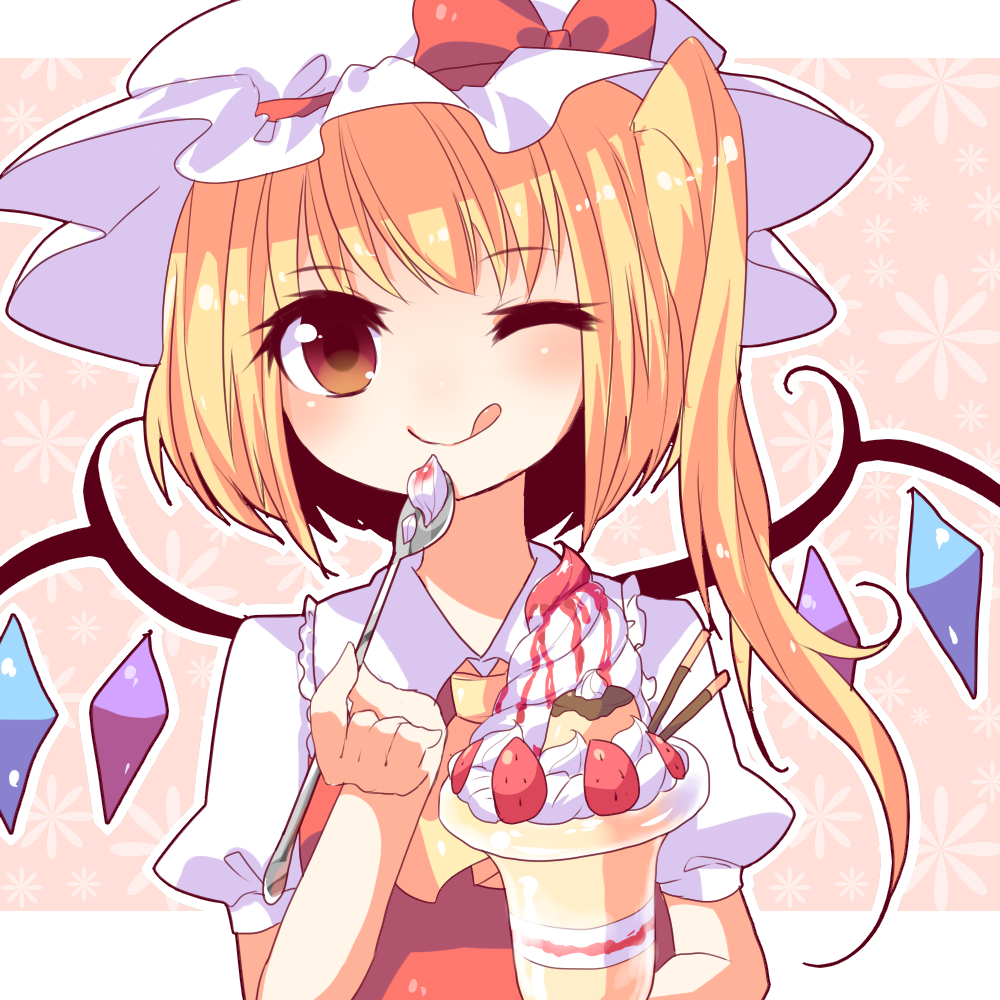 :q ;q arm_up ascot blonde_hair bust flandre_scarlet floral_background flower food fruit glass hat hat_ribbon koza looking_at_viewer no_nose parfait pink_background pocky pudding red_eyes ribbon shirt short_hair short_sleeves side_ponytail solo spoon strawberry syrup tongue touhou vest whipped_cream wings wink
