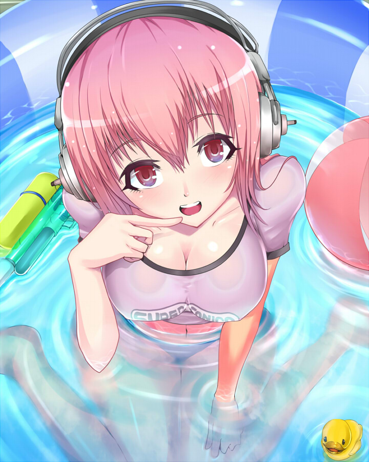 ball beachball breasts cleavage finger_to_mouth from_above headphones kasai_shin large_breasts long_hair nitroplus pink_eyes pink_hair rubber_duck solo super_sonico water water_gun