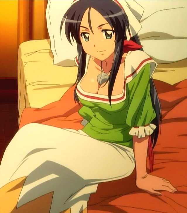bed black_hair breasts cap cleavage dress green_eyes jessica jewelry large_breasts necklace sitting stitched zero_no_tsukaima