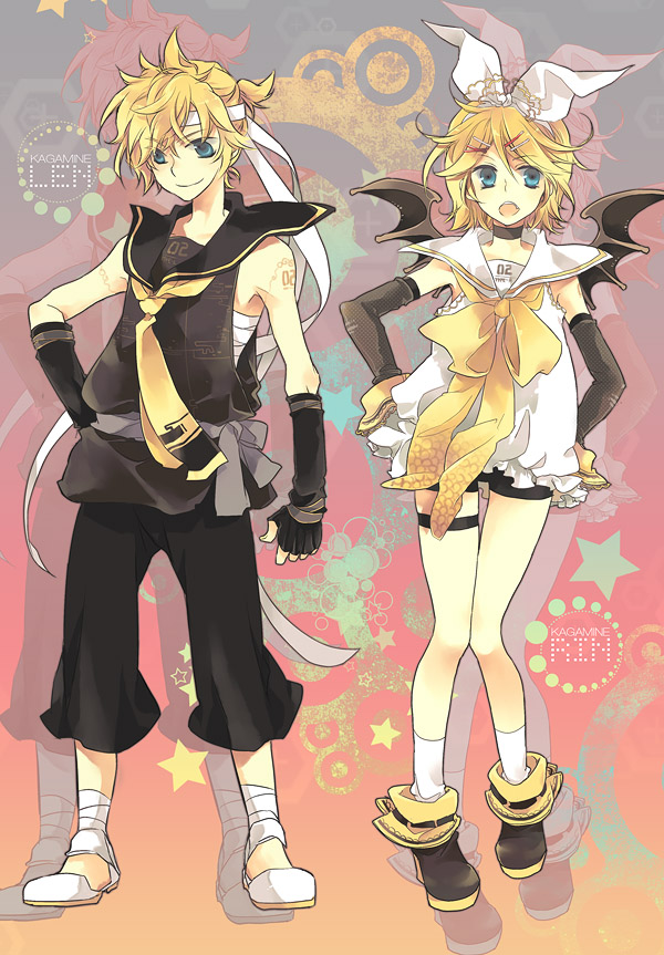 bat_wings blonde_hair brother_and_sister fingerless_gloves gloves hair_ornament hair_ribbon hairclip headband jonejung kagamine_len kagamine_rin ribbon short_hair siblings smile socks twins vocaloid wings