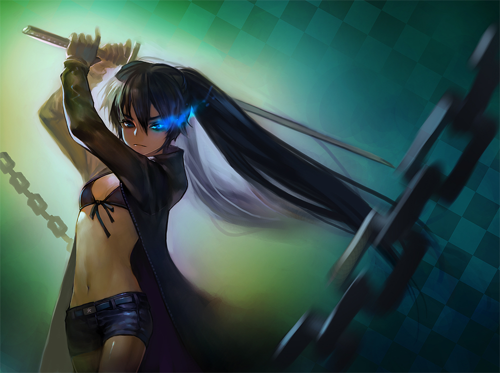 bikini_top black_hair black_rock_shooter black_rock_shooter_(character) blue_eyes chain chains checkered elna glowing glowing_eyes midriff navel shorts sword twintails weapon