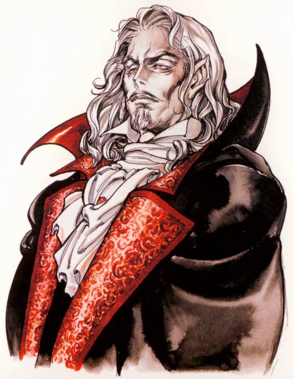 castlevania castlevania:_symphony_of_the_night cravat dracula facial_hair goatee jpeg_artifacts kojima_ayami konami male manly mustache official_art pale_skin pointy_ears red_eyes solo vampire what_is_a_man? white_hair