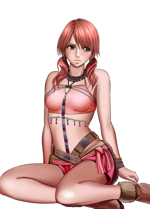 1girl bare_arms bare_shoulders boots bracelet breasts closed_mouth crimson_comics crop_top earrings female final_fantasy final_fantasy_xiii jewelry legs medium_breasts midriff oerba_dia_vanille red_hair redhead short_twintails simple_background sitting sitting_down solo tired twintails white_background yokozuwari