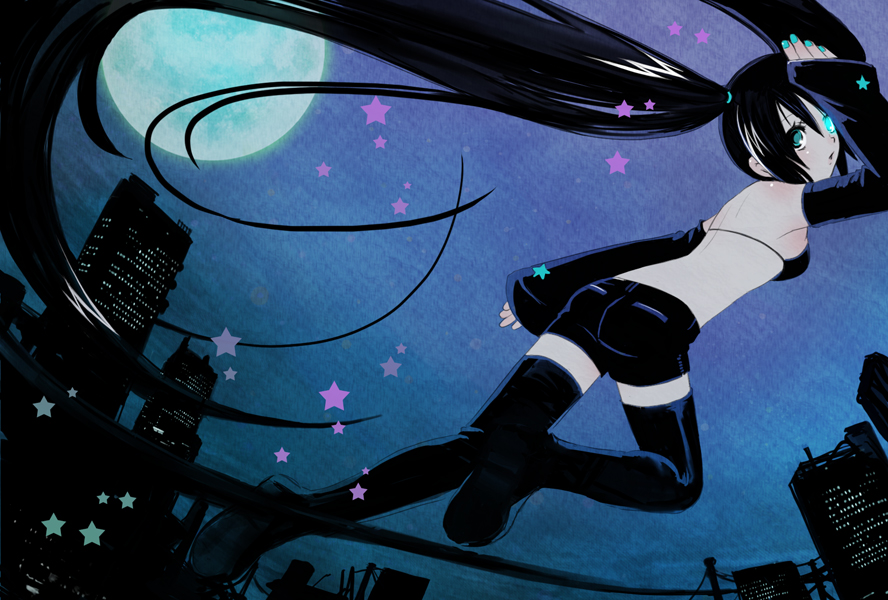 black_hair black_rock_shooter black_rock_shooter_(character) cityscape moon shorts solo star thigh-highs thighhighs twintails yumigon zettai_ryouiki