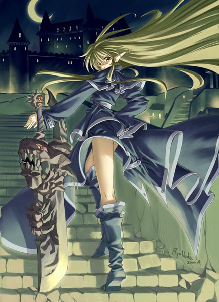 blonde_hair boots castle long_hair moon pointy_ears red_eyes stairs sword ueda_ryou weapon