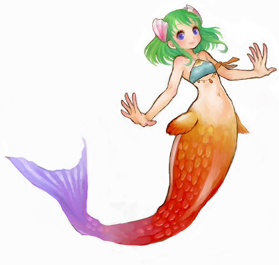 armband bare_shoulders blush fuku_imo gomako green_hair hair_ornament harvest_moon harvest_moon_ds leia_(harvest_moon) looking_at_viewer mermaid monster_girl navel outstretched_arms seashell shell simple_background solo spread_arms