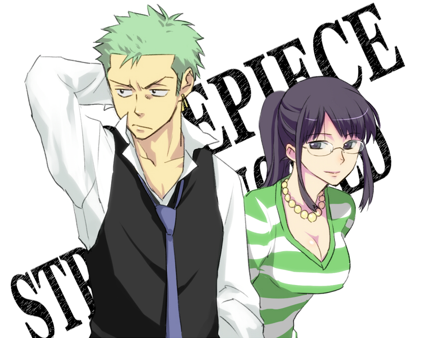breasts earrings formal glasses green_hair jewelry long_hair necklace nico_robin one_piece one_piece:_strong_world ponytail roronoa_zoro sacchin_(yama) short_hair suit sweater_dress