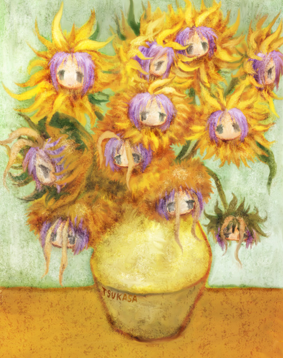 fine_art_parody flower hair_ribbon hiiragi_tsukasa leica lucky_star parody purple_hair ribbon short_hair sunflower vase