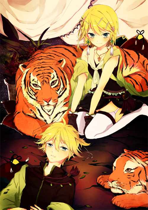 brother_and_sister earrings hair_ornament hairclip ham_(eikasiahhh) jewelry kagamine_len kagamine_rin kneeling lying short_hair siblings skirt smile thigh-highs thighhighs tiger twins vocaloid