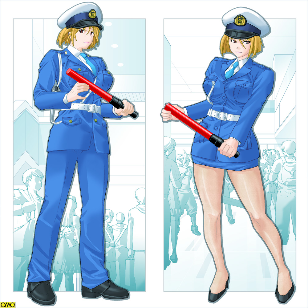 breasts brown_hair hat huge_breasts legs peaked_cap police police_uniform policewoman short_hair type43 uniform