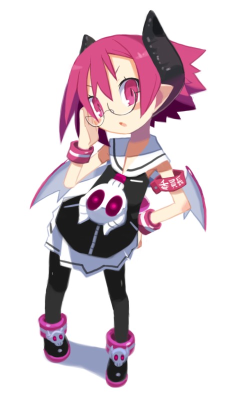 adjusting_glasses armband disgaea glasses horns makai_senki_disgaea_3 pantyhose pink_eyes pink_hair pointy_ears raspberyl tail wings