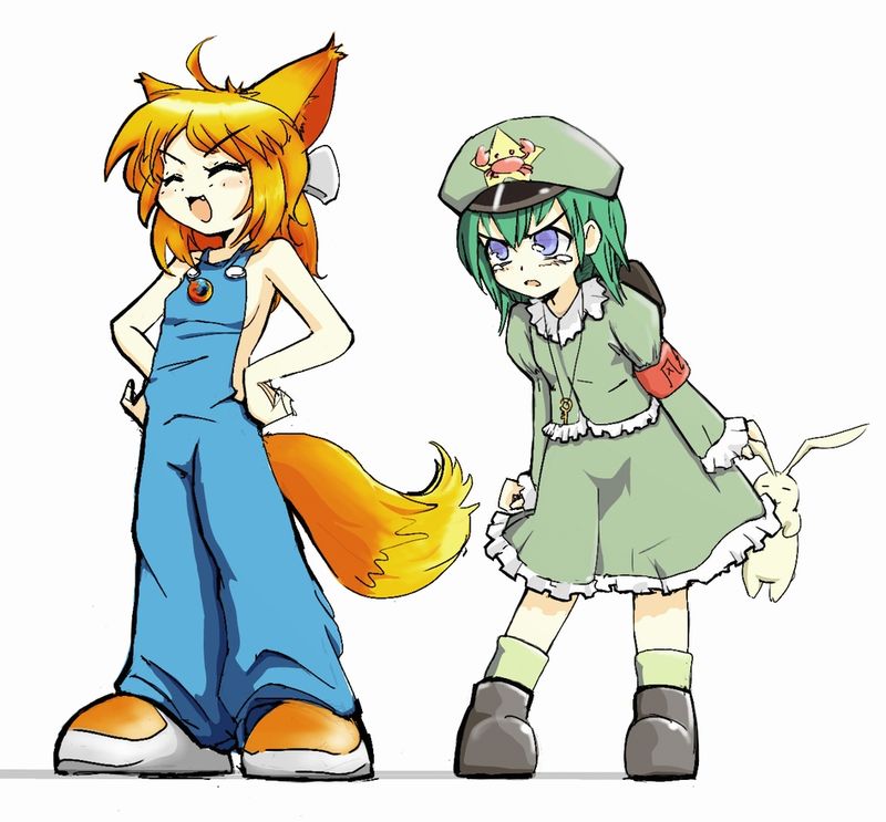 2girls angry animal_ears armband blue_eyes bunny crab firefox fox_ears fox_tail green_dam hat jpeg_artifacts lolifox multiple_girls naked_overalls os-tan overalls shoes simple_background stuffed_animal stuffed_toy tail tears