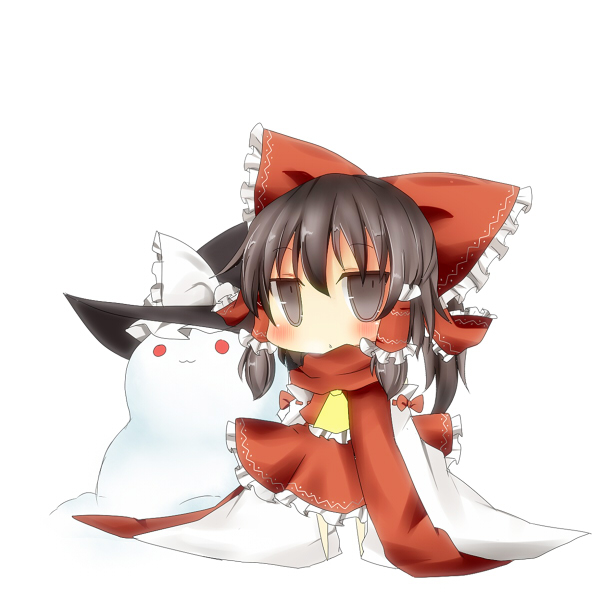 brown_hair character_doll chibi detached_sleeves flat_gaze hakurei_reimu hat japanese_clothes kirisame_marisa miko pasutel ribbon scarf snowman touhou