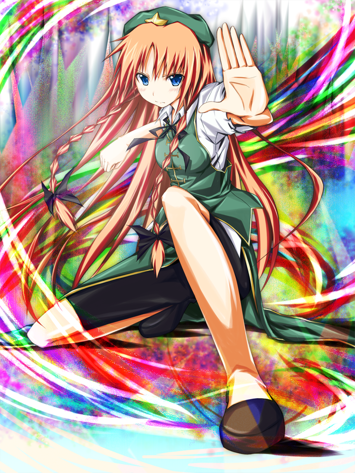 an_(angular-angler) bad_id blue_eyes braid china_dress chinese_clothes ex-meiling fighting_stance hands hat hong_meiling long_hair red_hair redhead solo touhou twin_braids