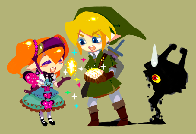 artist_request blue_eyes butterfly dress earrings flat_color gloves gothic hat imp_midna jewelry link midna nintendo no_lineart pointy_ears red_eyes simple_background smile sparkle sweatdrop the_legend_of_zelda tunic twilight_princess twintails