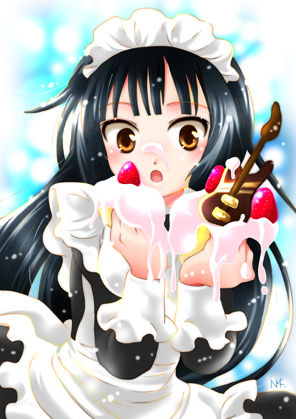 alternate_costume bad_id black_hair cake enmaided food fruit guitar halogen_heater icing instrument k-on! long_hair maid orange_eyes solo strawberry