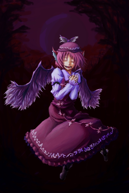 artist_request closed_eyes dark dress fingernails hands_clasped hat long_fingernails long_nails long_sleeves moon mystia_lorelei nails night open_mouth pink_hair purple singing sitting solo takuzo touhou winged_shoes wings